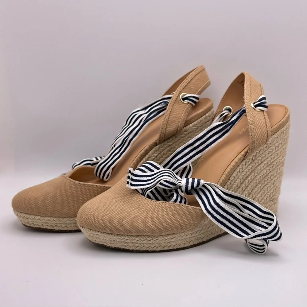 EXPRESS espadrille wedge Black/white Ribbon Ankle Wrap Fabric Tan size 9…